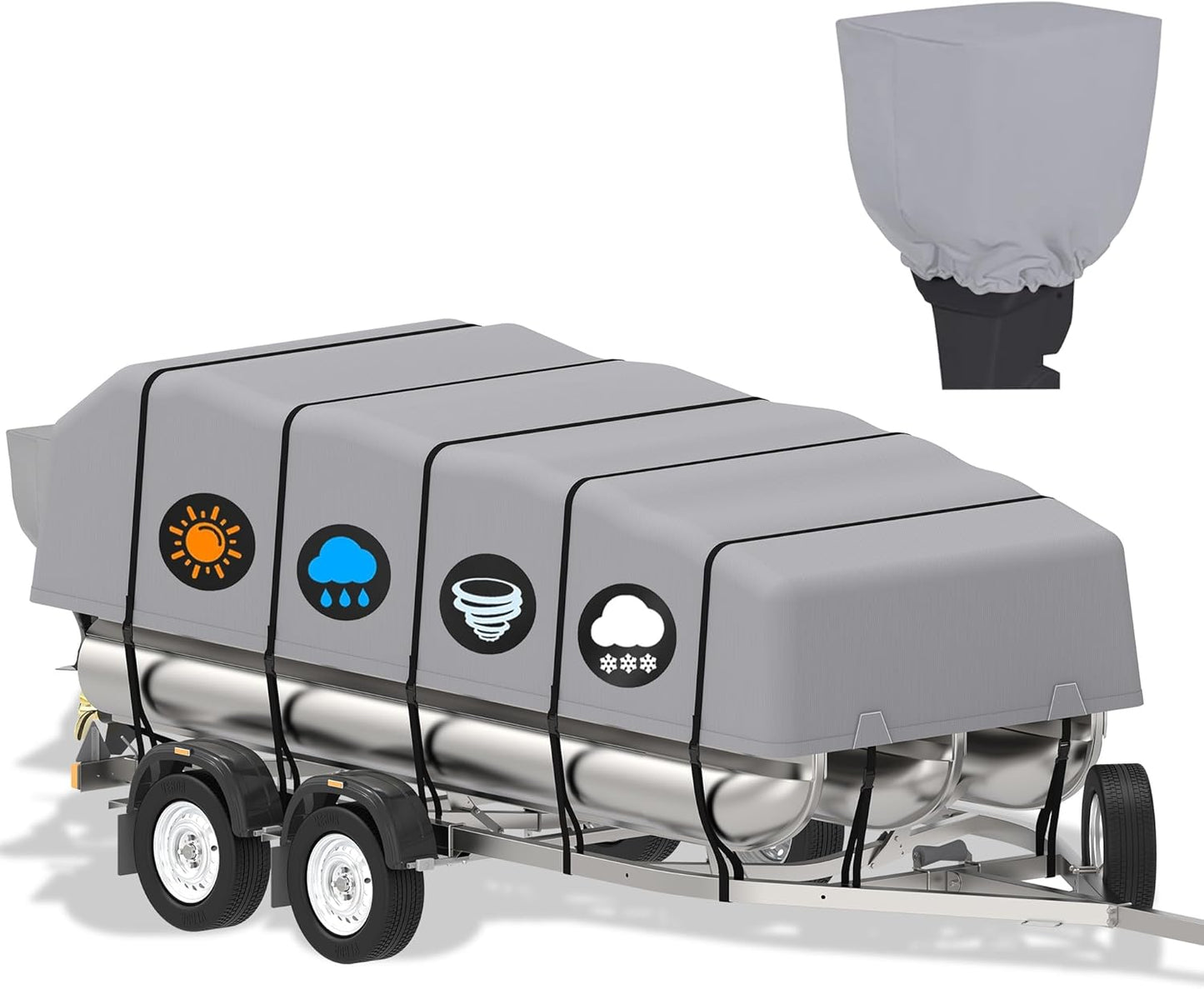 K-Musculo Pontoon Boat Cover, Waterproof 900D Pontoon Cover with Motor Cover,Canvas Boat Cover for Pontoon, Gray