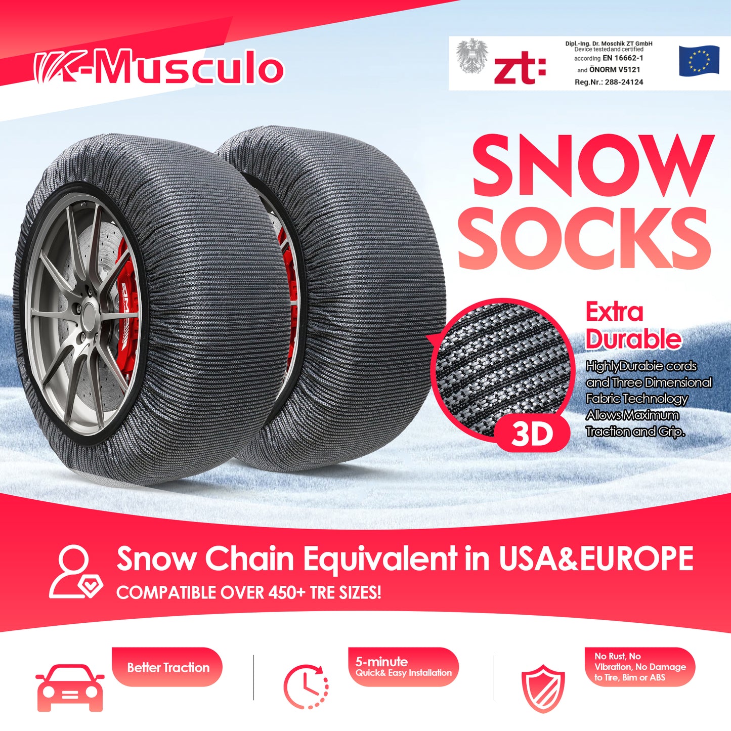 K-Musculo Snow Socks for Tires, Snow Socks Snow Chain for Car SUV Pickup Easy to Use, EU EN-16662-1 Certififed(2 PACKS)