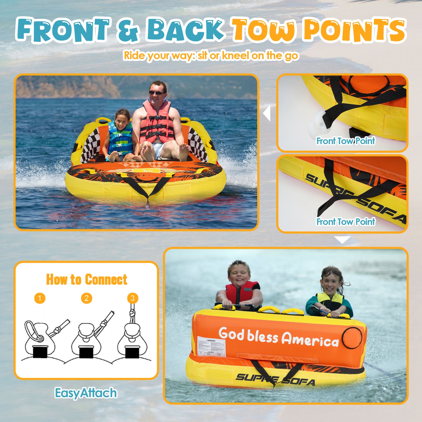 K-Musculo Towable Tubes for Boating, 840D Heavy Duty Tubes for Boating, EVA Grab Handles & Speed Safety Valve