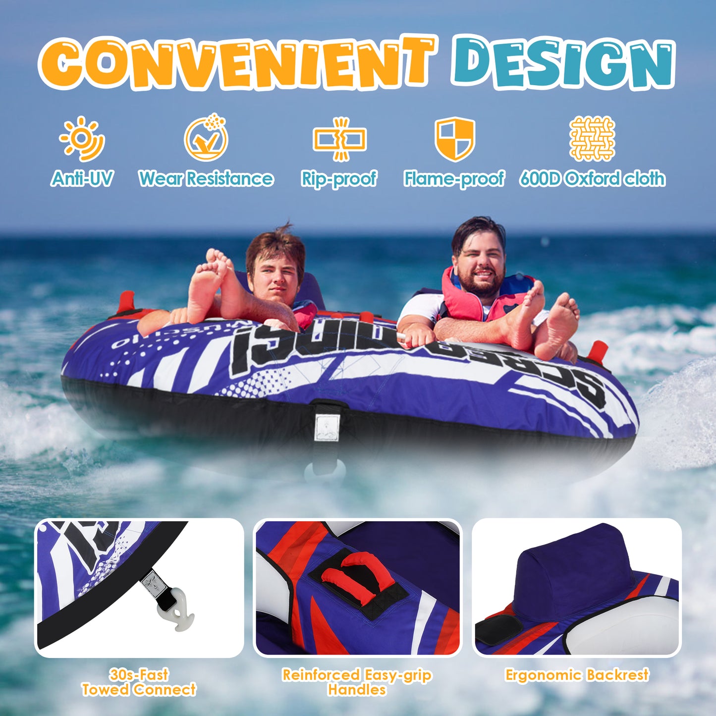 K-Musculo Towable Tubes for Boating, 840D Heavy Duty Tubes for Boating, EVA Grab Handles & Speed Safety Valve