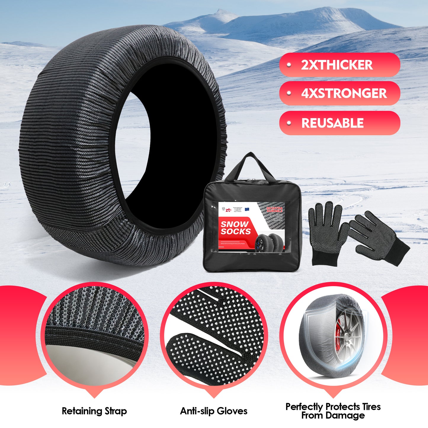 K-Musculo Snow Socks for Tires, Snow Socks Snow Chain for Car SUV Pickup Easy to Use, EU EN-16662-1 Certififed(2 PACKS)