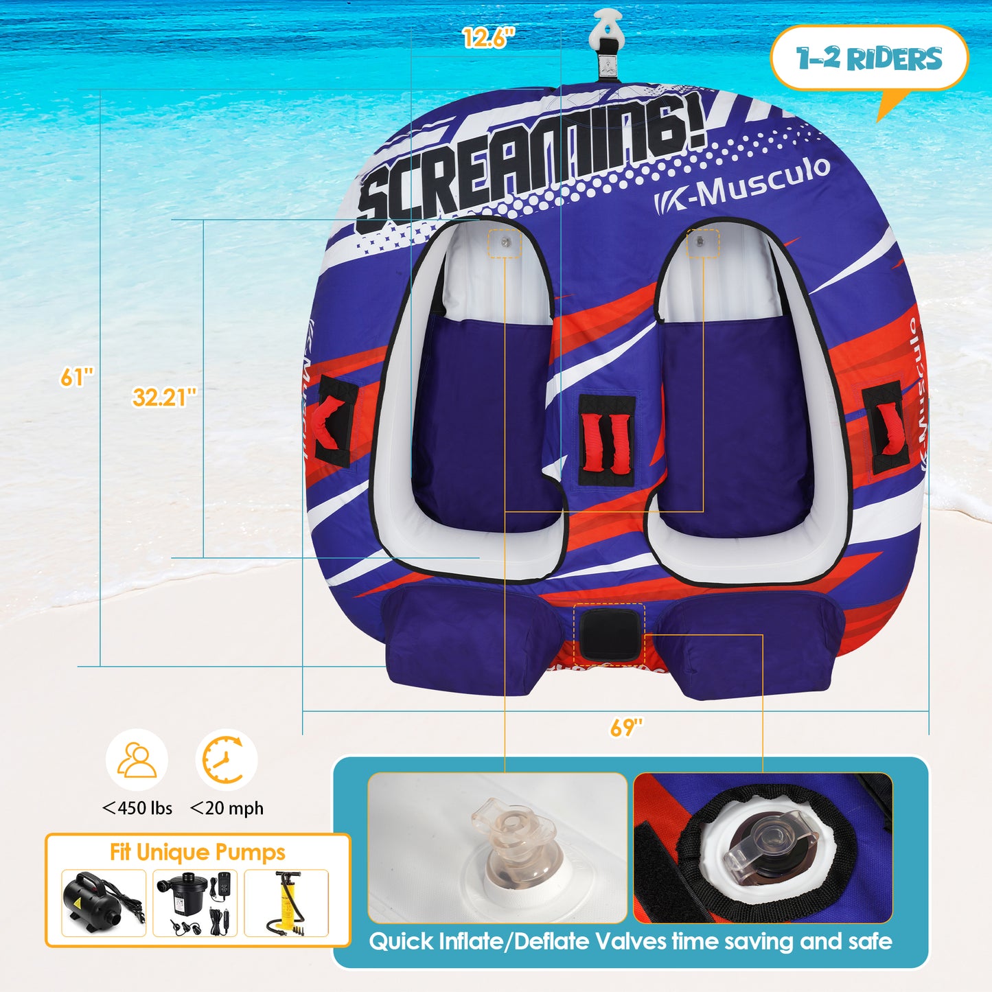 K-Musculo Towable Tubes for Boating, 840D Heavy Duty Tubes for Boating, EVA Grab Handles & Speed Safety Valve
