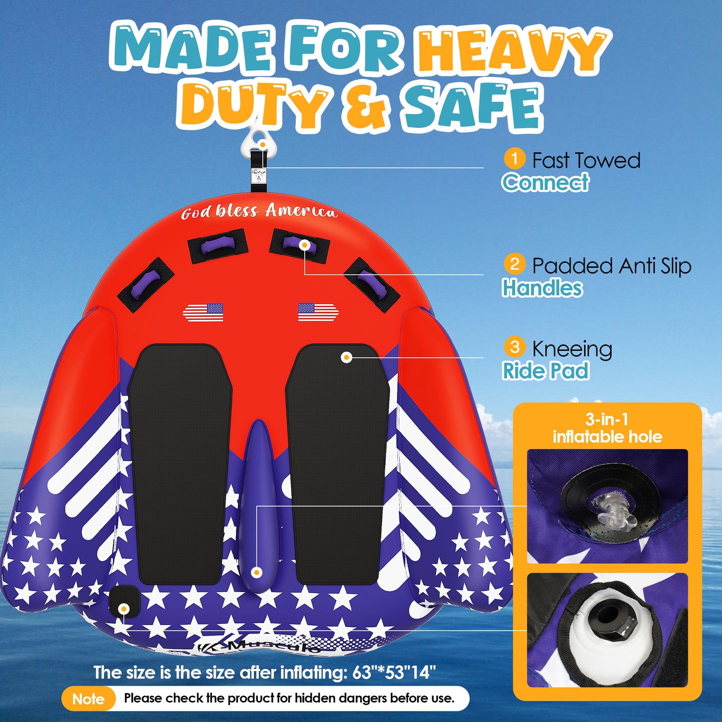 K-Musculo Towable Tubes for Boating, 840D Heavy Duty Tubes for Boating, EVA Grab Handles & Speed Safety Valve