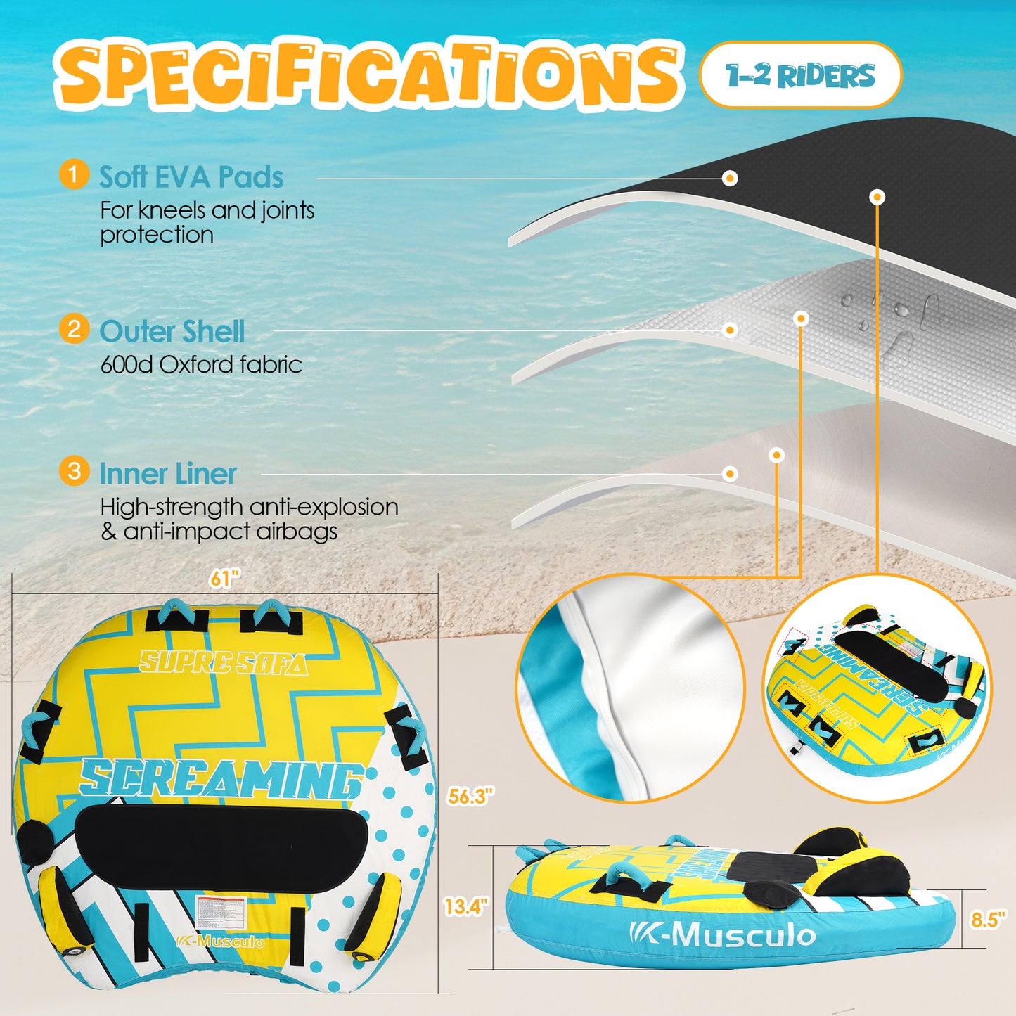 K-Musculo Towable Tubes for Boating, 840D Heavy Duty Tubes for Boating, EVA Grab Handles & Speed Safety Valve