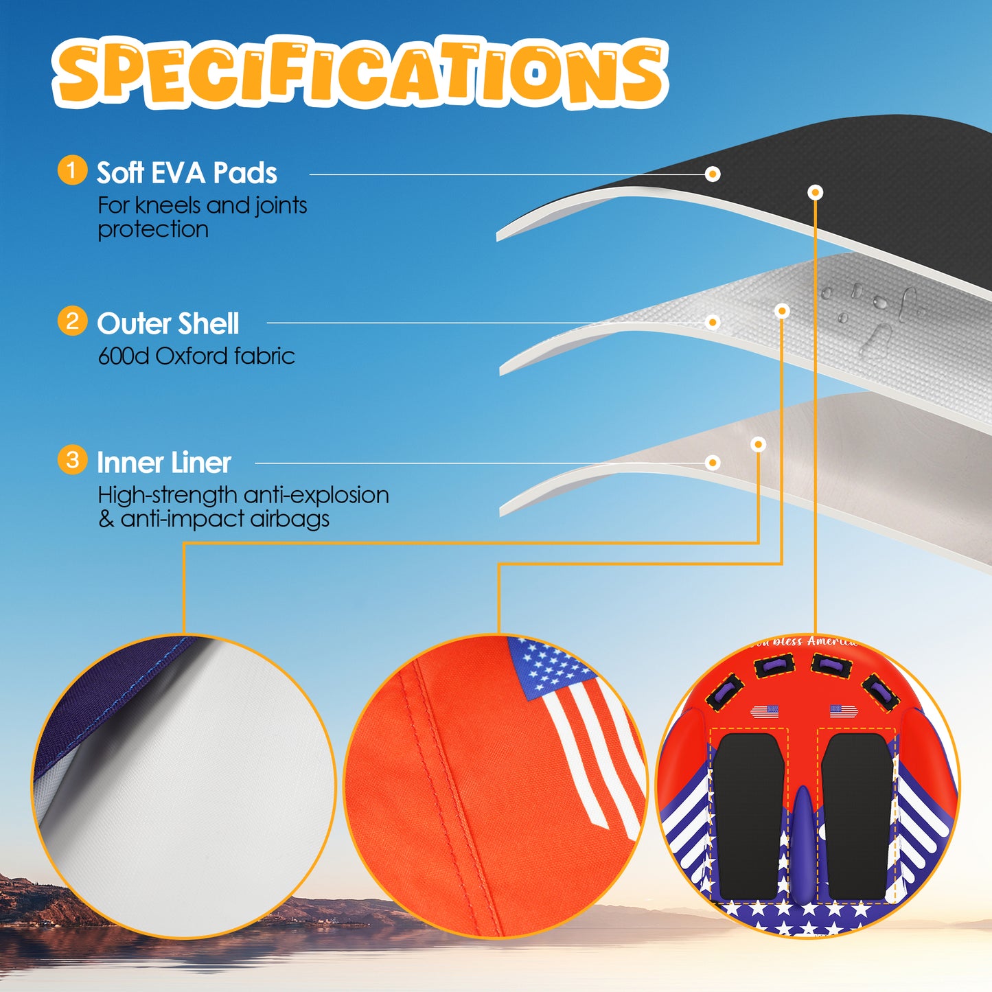 K-Musculo Towable Tubes for Boating, 840D Heavy Duty Tubes for Boating, EVA Grab Handles & Speed Safety Valve