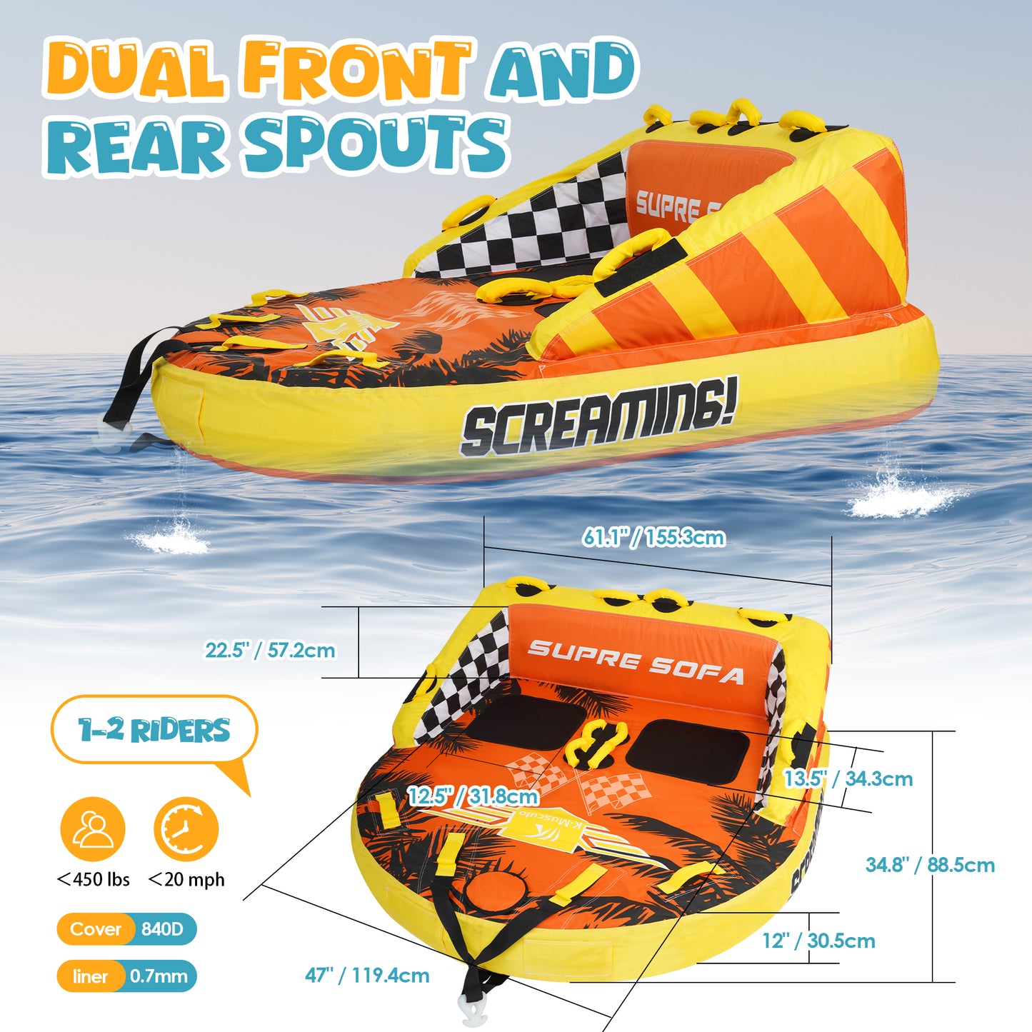 K-Musculo Towable Tubes for Boating, 840D Heavy Duty Tubes for Boating, EVA Grab Handles & Speed Safety Valve