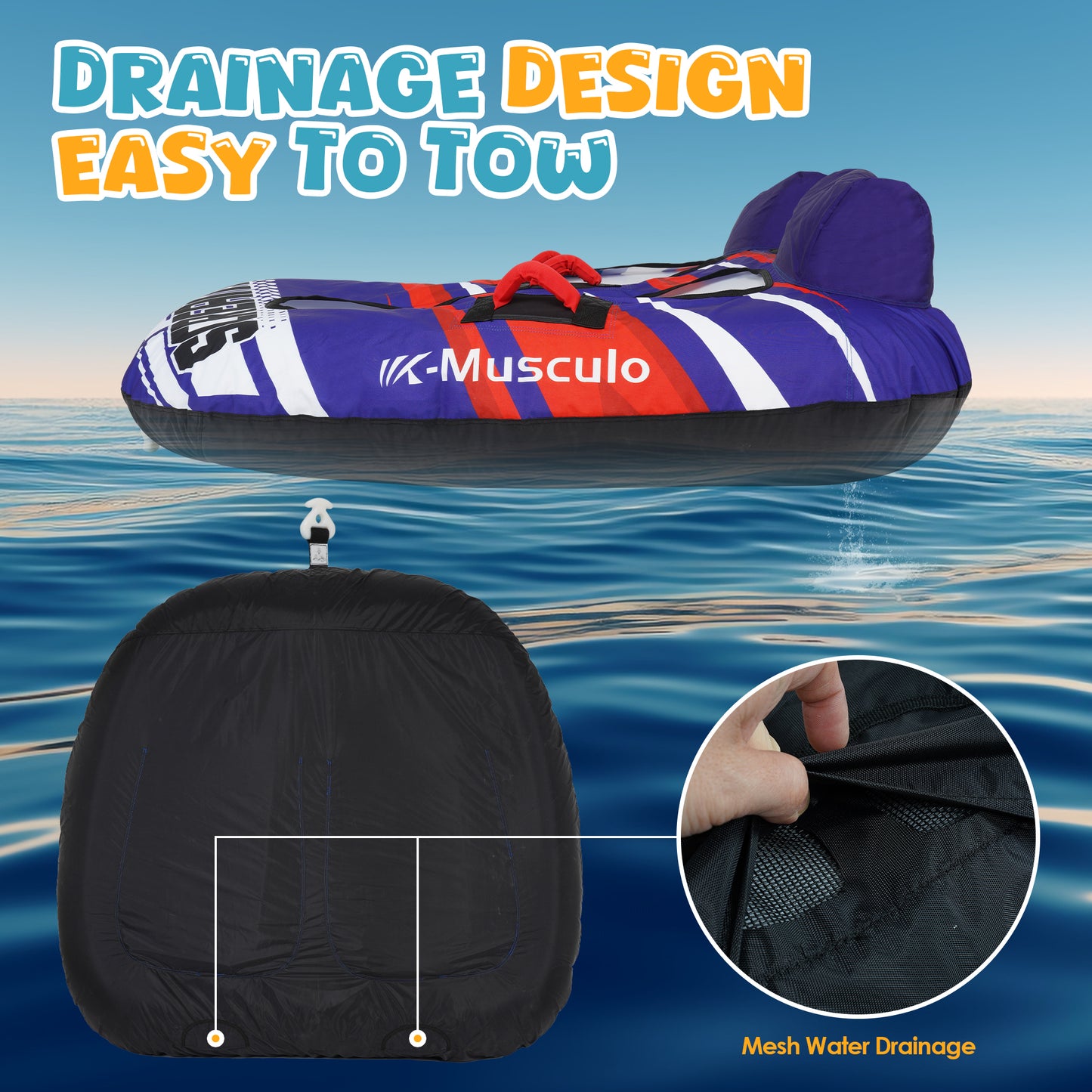 K-Musculo Towable Tubes for Boating, 840D Heavy Duty Tubes for Boating, EVA Grab Handles & Speed Safety Valve