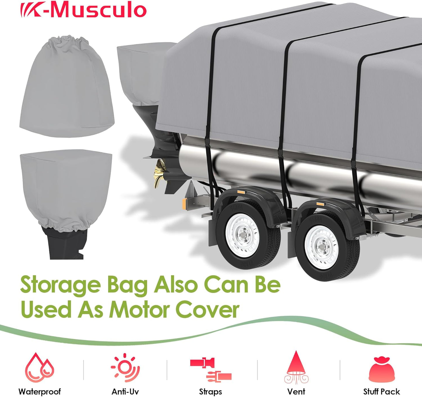 K-Musculo Pontoon Boat Cover, Waterproof 900D Pontoon Cover with Motor Cover,Canvas Boat Cover for Pontoon, Gray