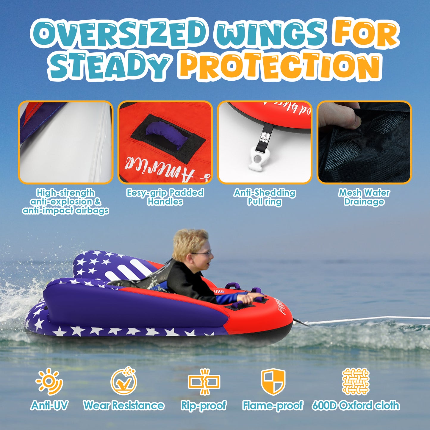 K-Musculo Towable Tubes for Boating, 840D Heavy Duty Tubes for Boating, EVA Grab Handles & Speed Safety Valve