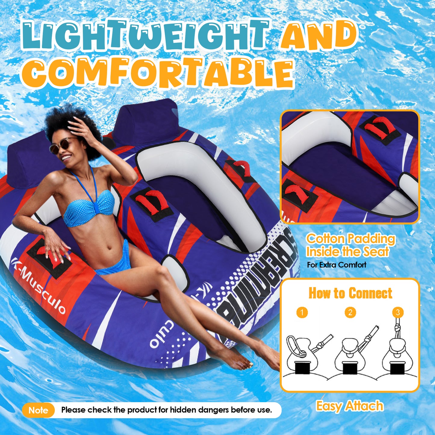 K-Musculo Towable Tubes for Boating, 840D Heavy Duty Tubes for Boating, EVA Grab Handles & Speed Safety Valve