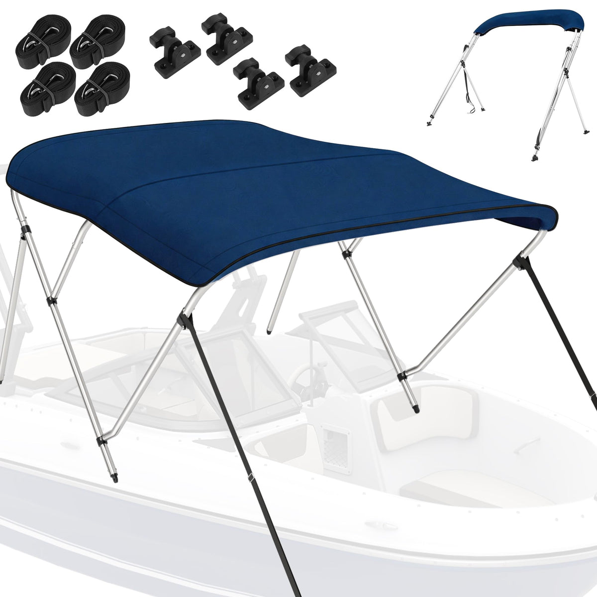 Bimini Tops for Boats, 3 Bow/4 Bow Bimini Tops, 900D Marine Grade Canvas Boat Canopy(navy)