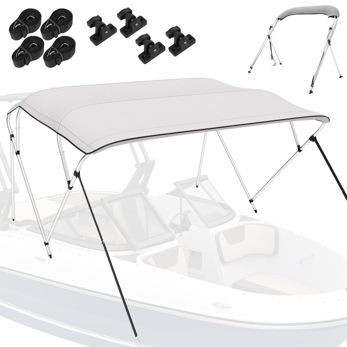 Bimini Tops for Boats, 3 Bow/4 Bow Bimini Tops, 900D Marine Grade Canvas Boat Canopy(grey)