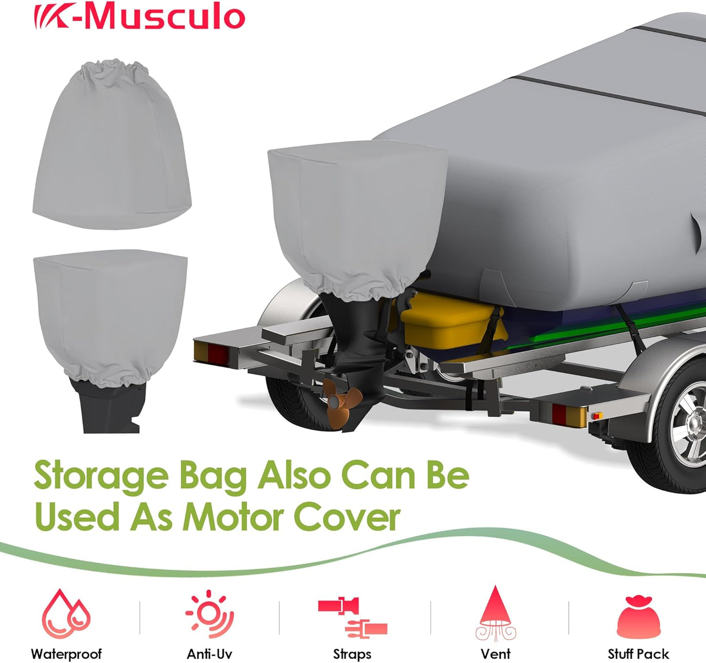 K-Musculo Boat Cover, Heavy Duty 800D Waterproof Boat Cover, Tear UV Resistant Boat Cover with Motor Cover, Fits V-Hull, Tri-Hull, Runabout Boat Cover
