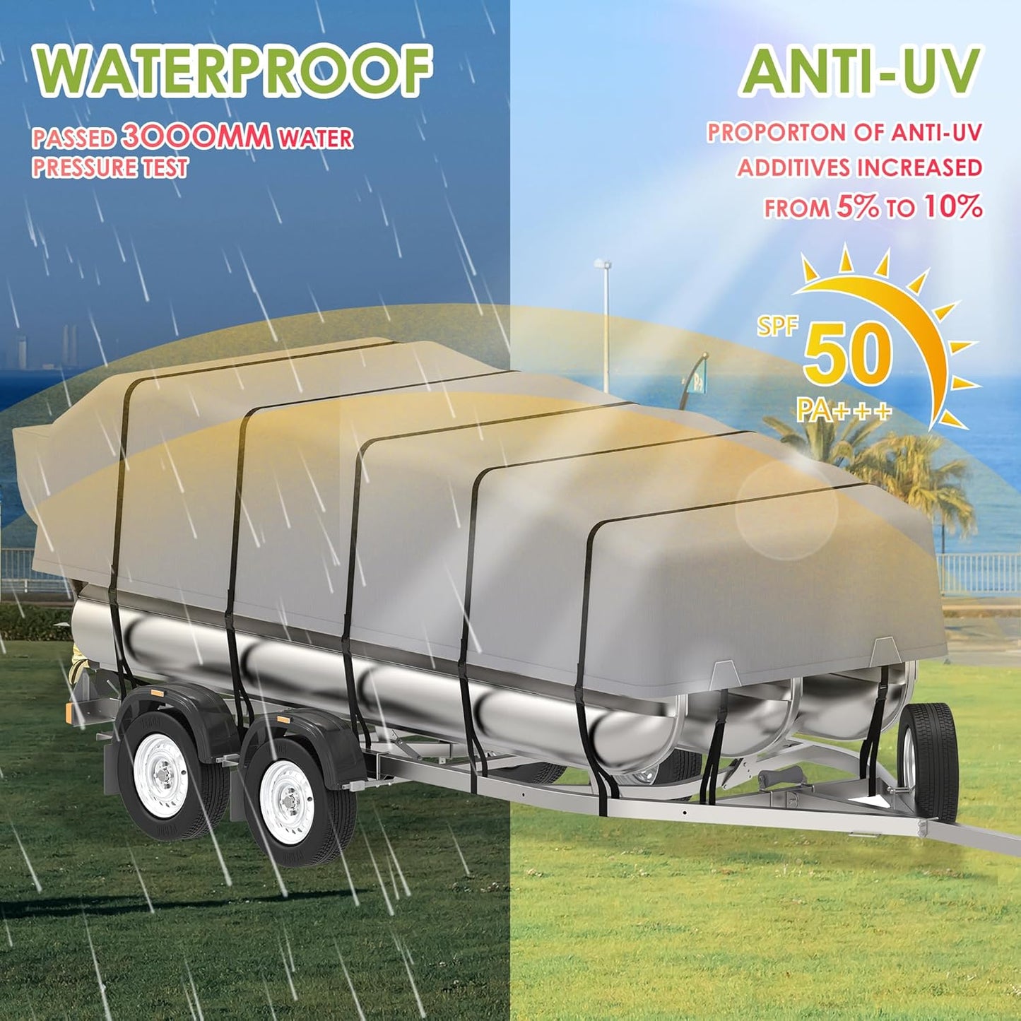 K-Musculo Pontoon Boat Cover, Waterproof 900D Pontoon Cover with Motor Cover,Canvas Boat Cover for Pontoon, Gray