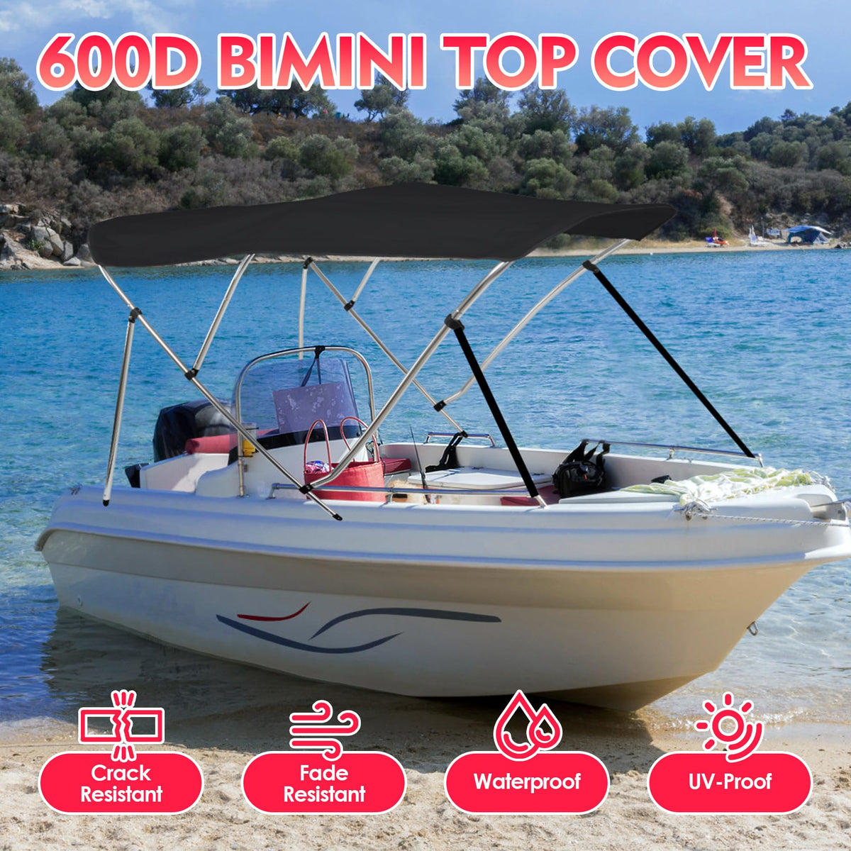 Bimini Tops for Boats, 3 Bow/4 Bow Bimini Tops, 900D Marine Grade Canvas Boat Canopy(black)