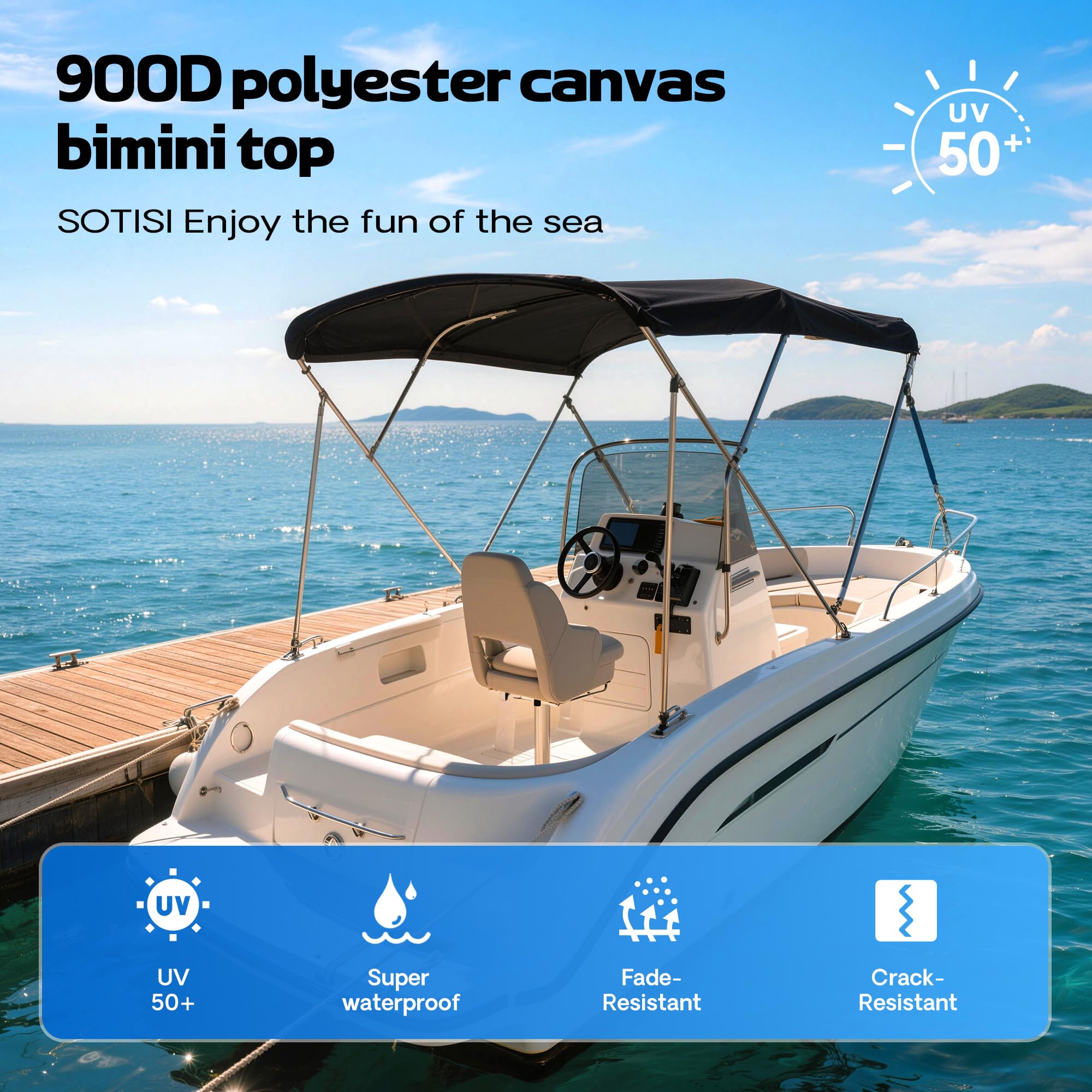 Bimini Tops for Boats, 3 Bow/4 Bow Bimini Tops, 900D Marine Grade Canvas Boat Canopy