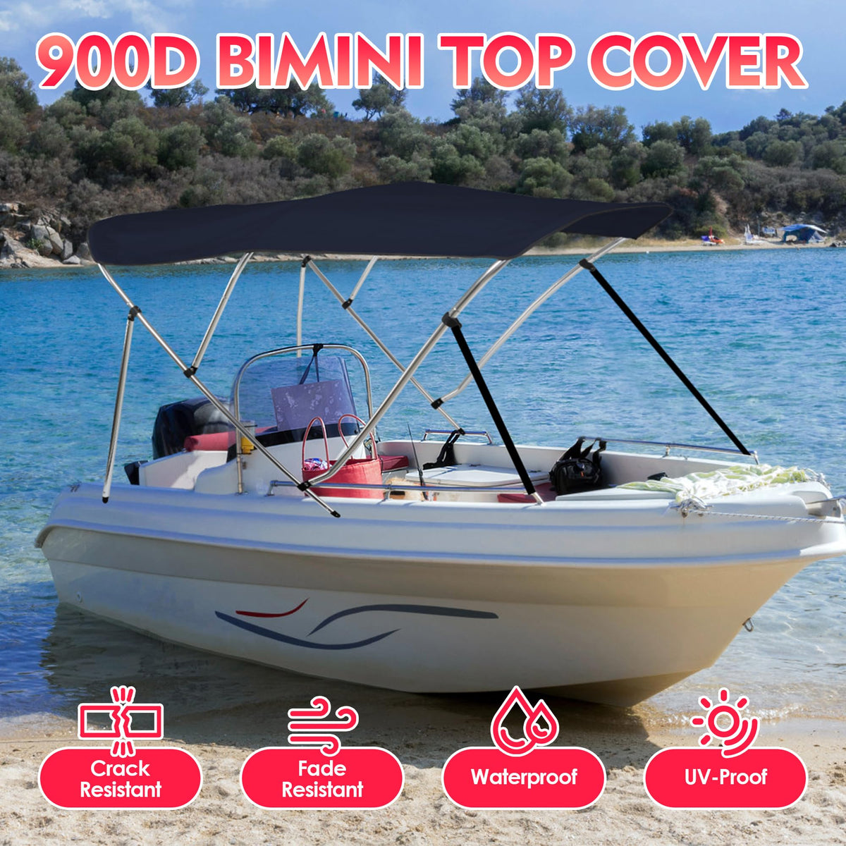 Bimini Tops for Boats, 3 Bow/4 Bow Bimini Tops, 900D Marine Grade Canvas Boat Canopy(navy)