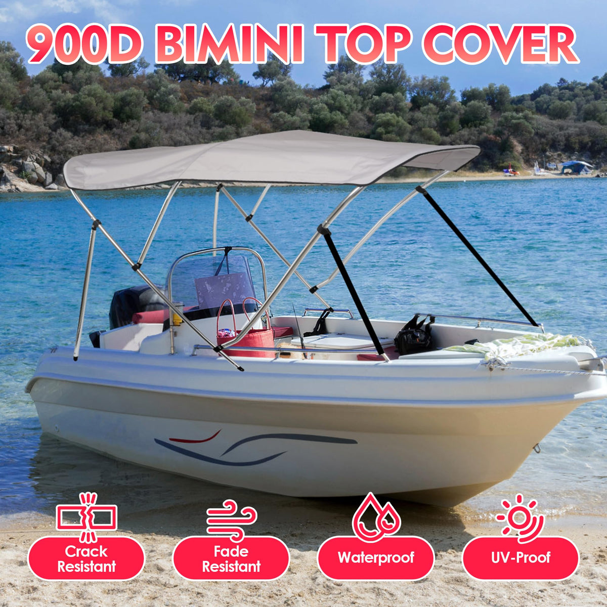 Bimini Tops for Boats, 3 Bow/4 Bow Bimini Tops, 900D Marine Grade Canvas Boat Canopy(grey)