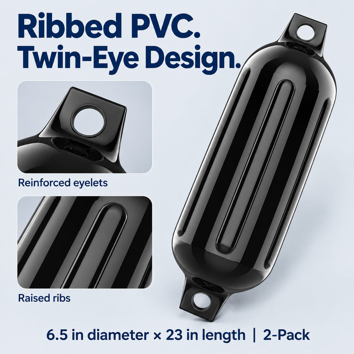 K-Musculo Boat Fenders 2 Pack, 6.5 x 23 in Inflatable Ribbed PVC Boat Bumpers with Twin Eyes