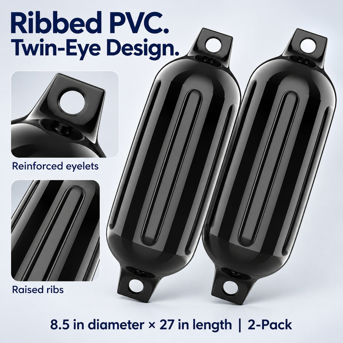 K-Musculo Boat Fenders 2 Pack, 6.5 x 23 in Inflatable Ribbed PVC Boat Bumpers with Twin Eyes