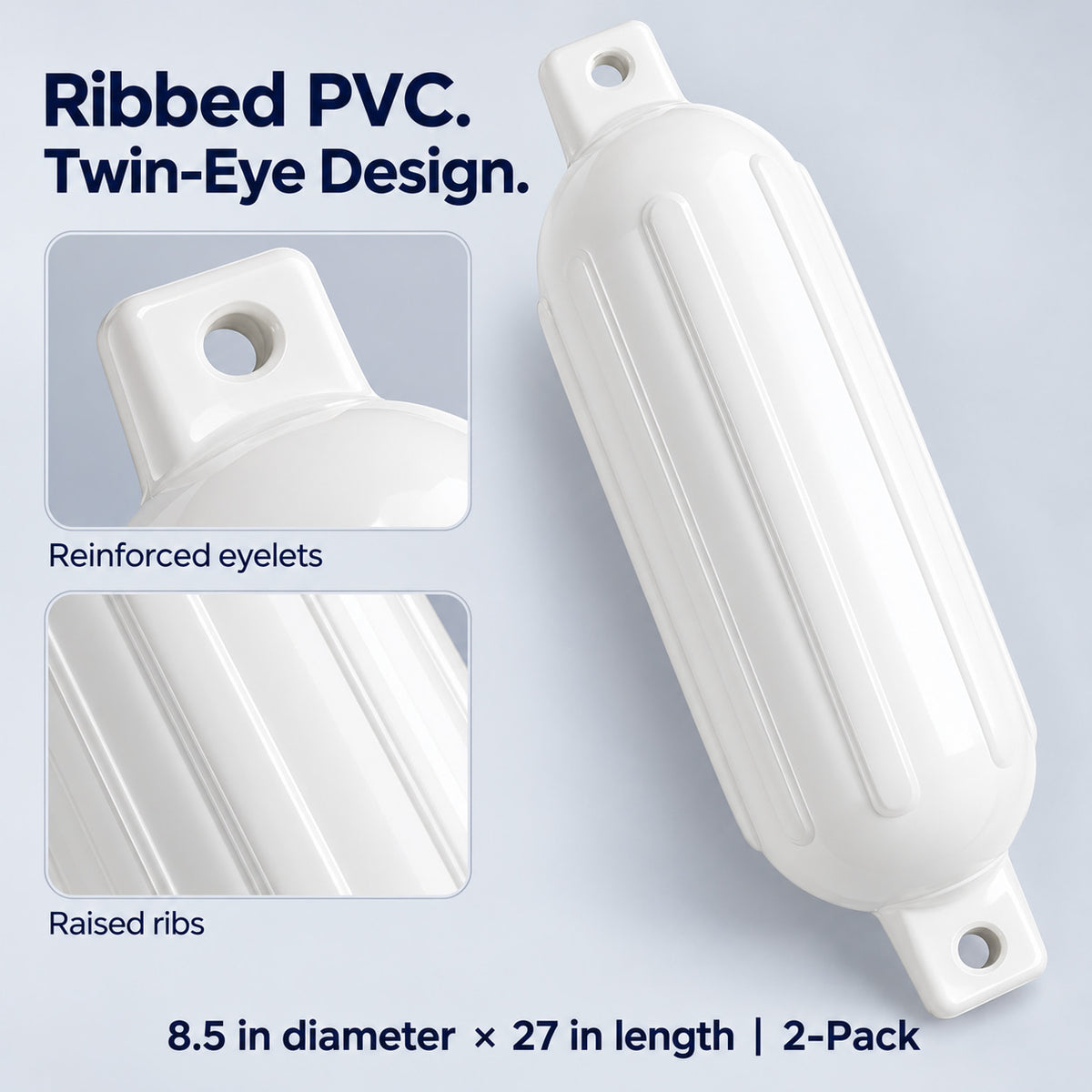 K-Musculo Boat Fenders 2 Pack, 6.5 x 23 in Inflatable Ribbed PVC Boat Bumpers with Twin Eyes
