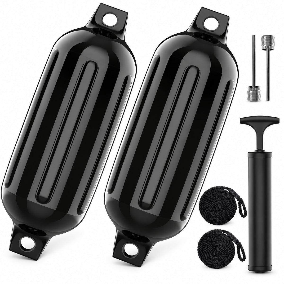 K-Musculo Boat Fenders 2 Pack, 6.5 x 23 in Inflatable Ribbed PVC Boat Bumpers with Twin Eyes