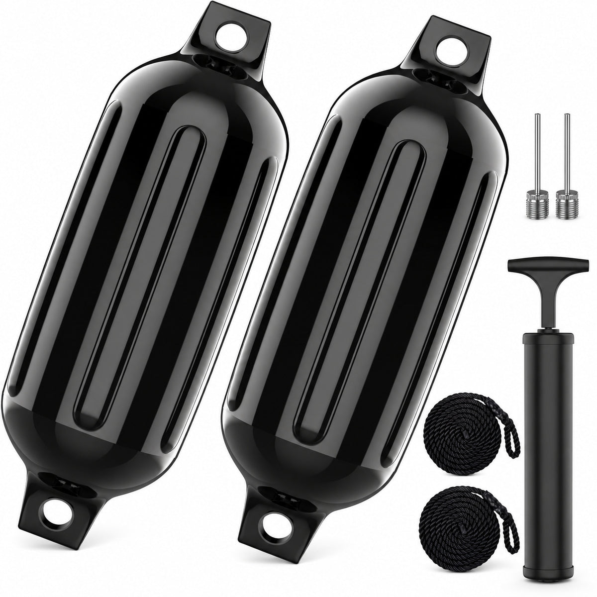 K-Musculo Boat Fenders 2 Pack, 6.5 x 23 in Inflatable Ribbed PVC Boat Bumpers with Twin Eyes