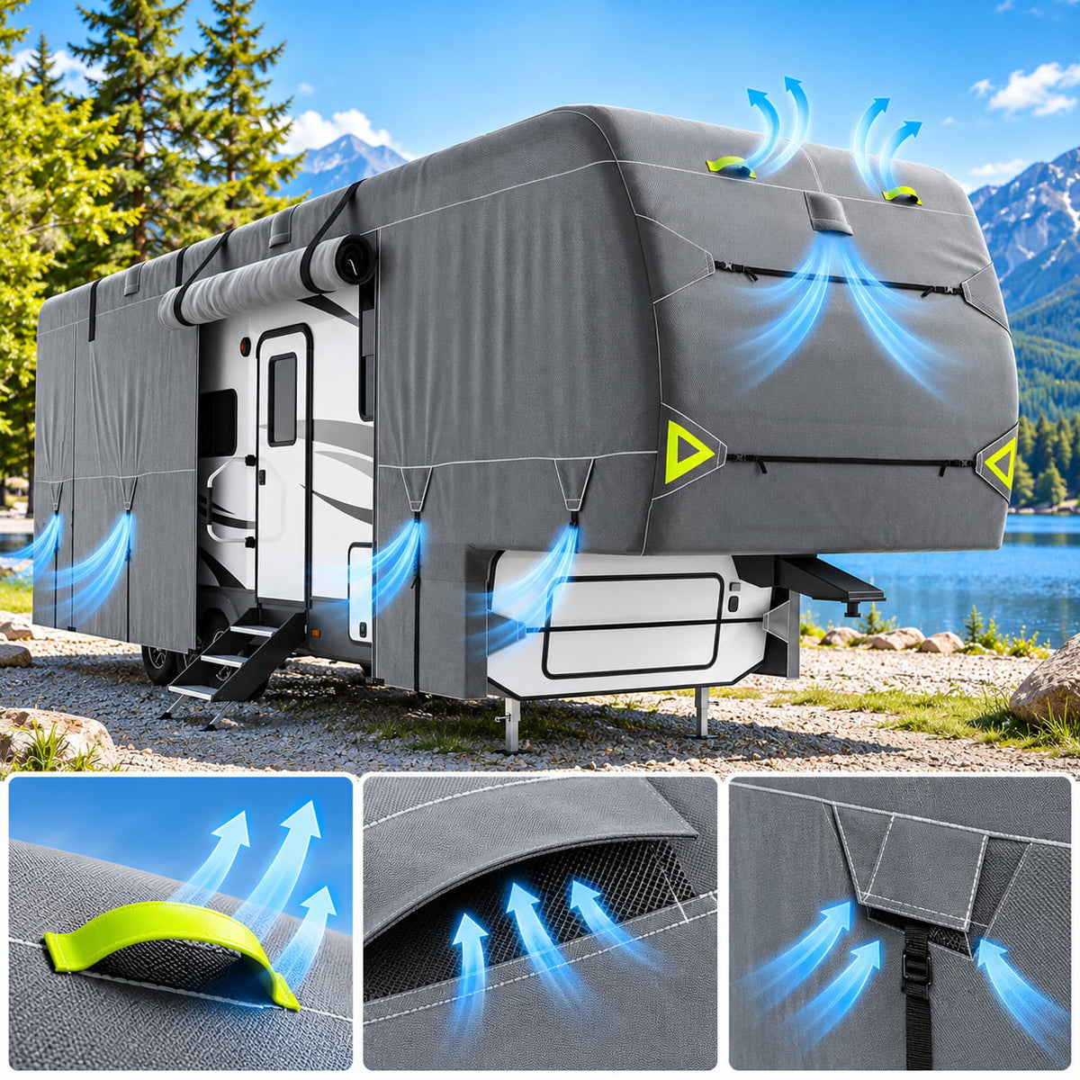 K-Musculo Fifth Wheel RV Cover with 7-Layer Top, Gray, 6 Size Options for 20-45 ft RVs