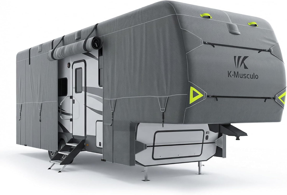 K-Musculo 5th Wheel RV Cover, 7-Layer Top Heavy Duty Waterproof Camper Cover with 4 Tire Covers & Gutter Covers
