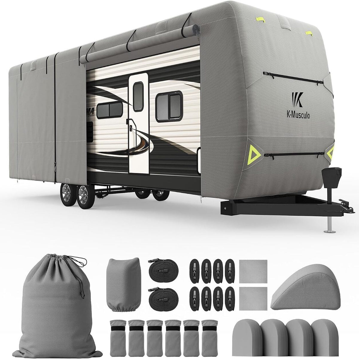 K-Musculo Travel Trailer Cover, Heavy Duty Waterproof RV Cover with 4 Tire Covers & Tongue Jack Cover