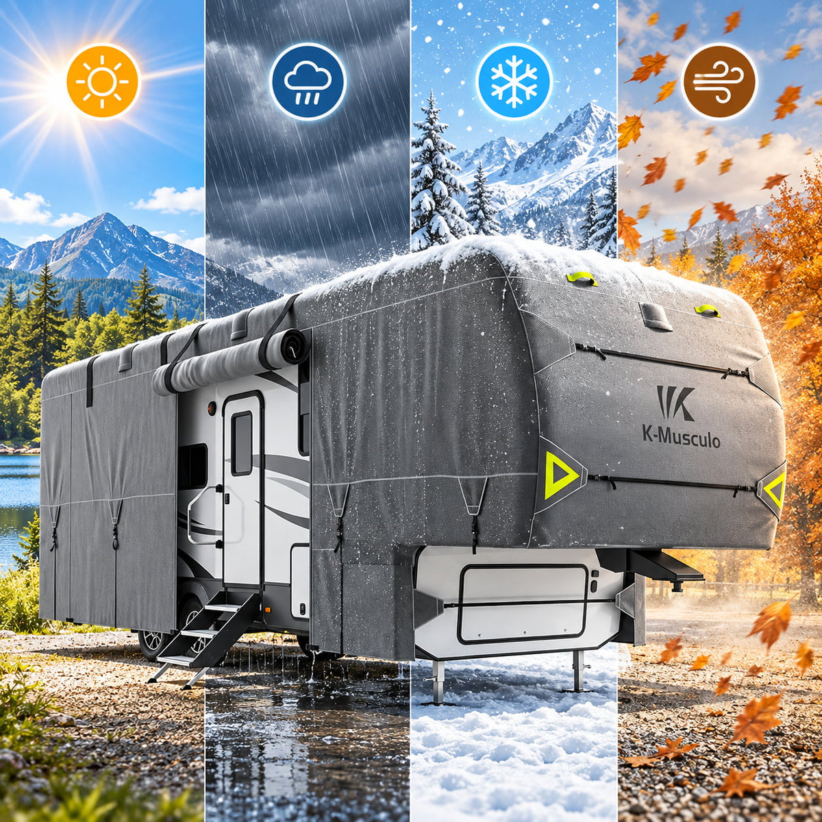 K-Musculo Fifth Wheel RV Cover with 7-Layer Top, Gray, 6 Size Options for 20-45 ft RVs