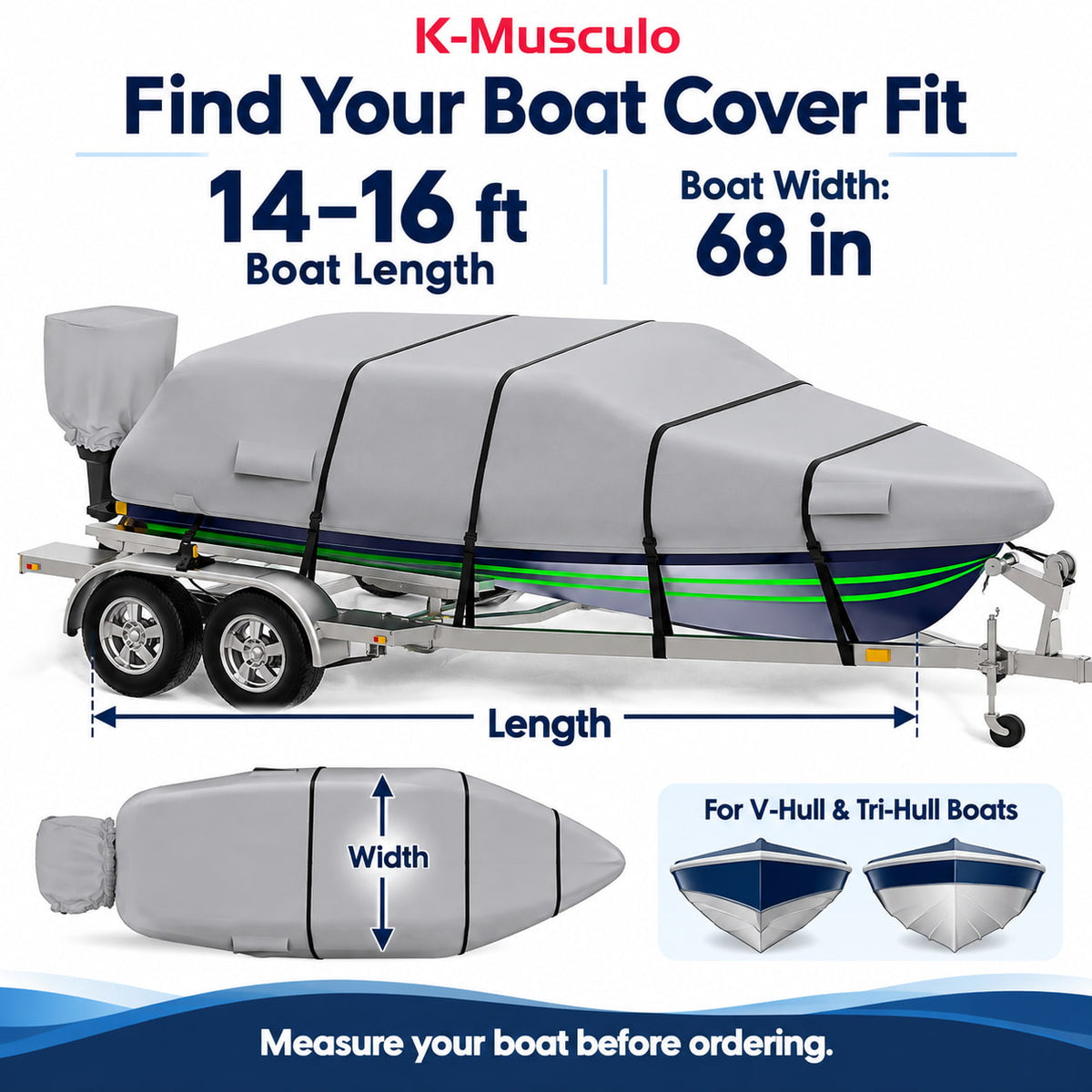 K-Musculo Heavy Duty Waterproof Boat Cover with Motor Cover for V-Hull and Tri-Hull Boats