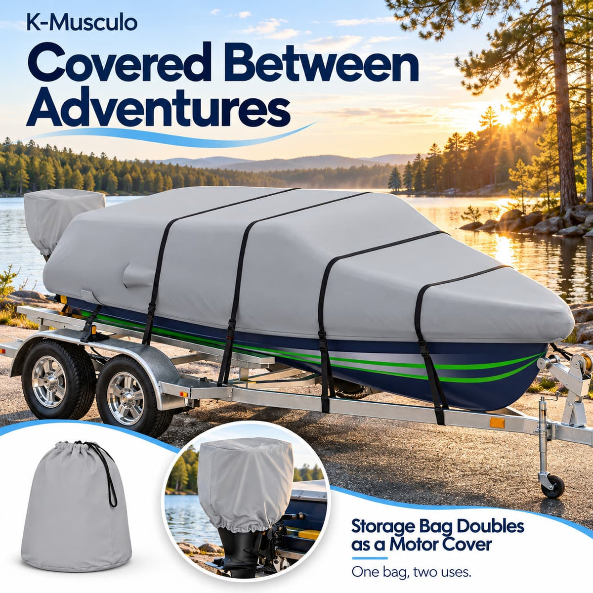 K-Musculo Heavy Duty Waterproof Boat Cover with Motor Cover for V-Hull and Tri-Hull Boats