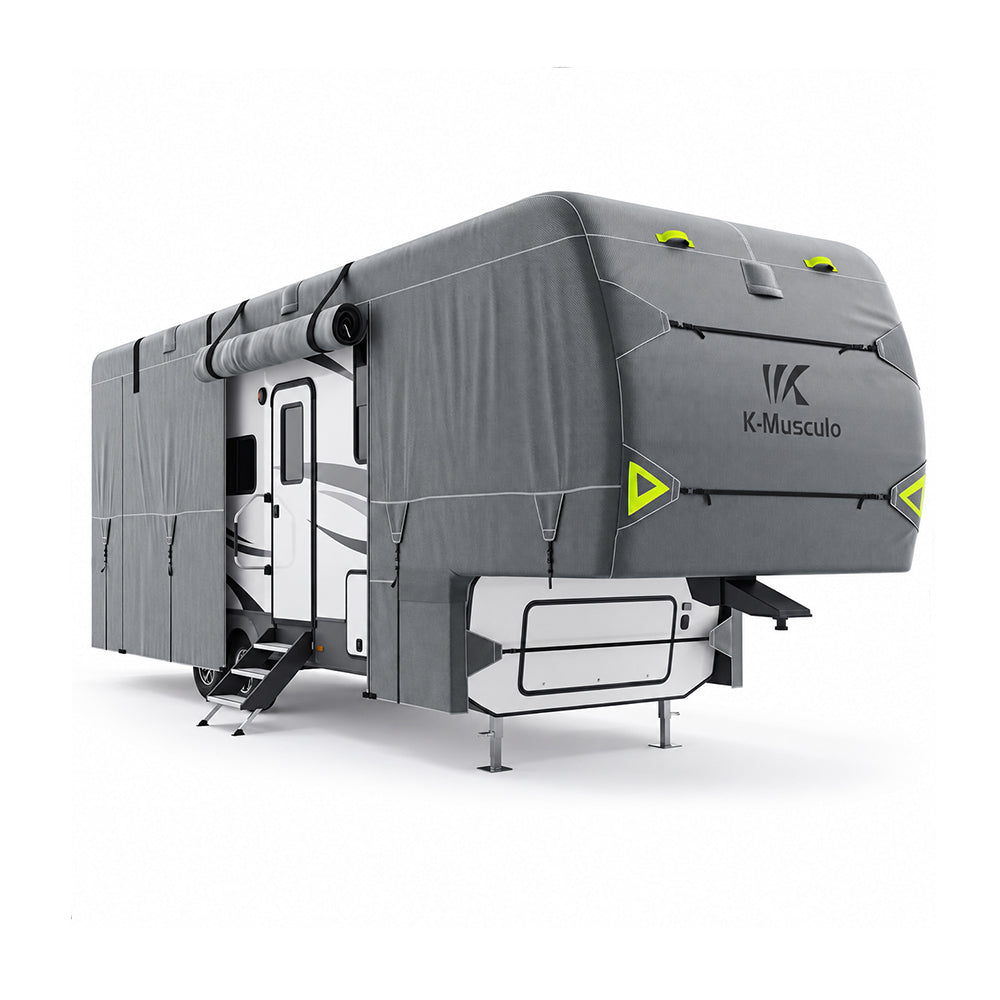 K-Musculo 5th Wheel RV Cover, 7-Layer Top Heavy Duty Waterproof Camper Cover with 4 Tire Covers & Gutter Covers
