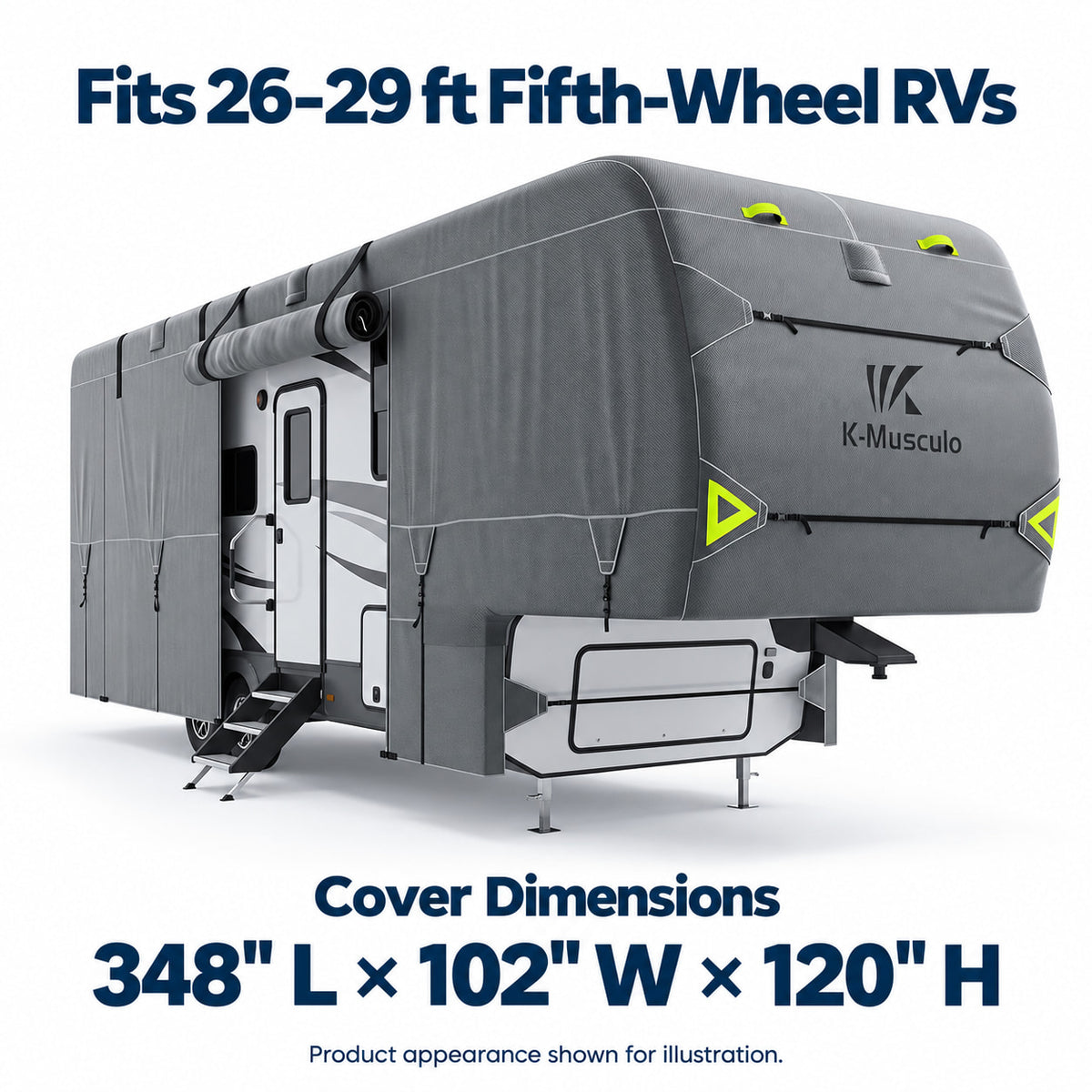 K-Musculo Fifth Wheel RV Cover with 7-Layer Top, Gray, 6 Size Options for 20-45 ft RVs
