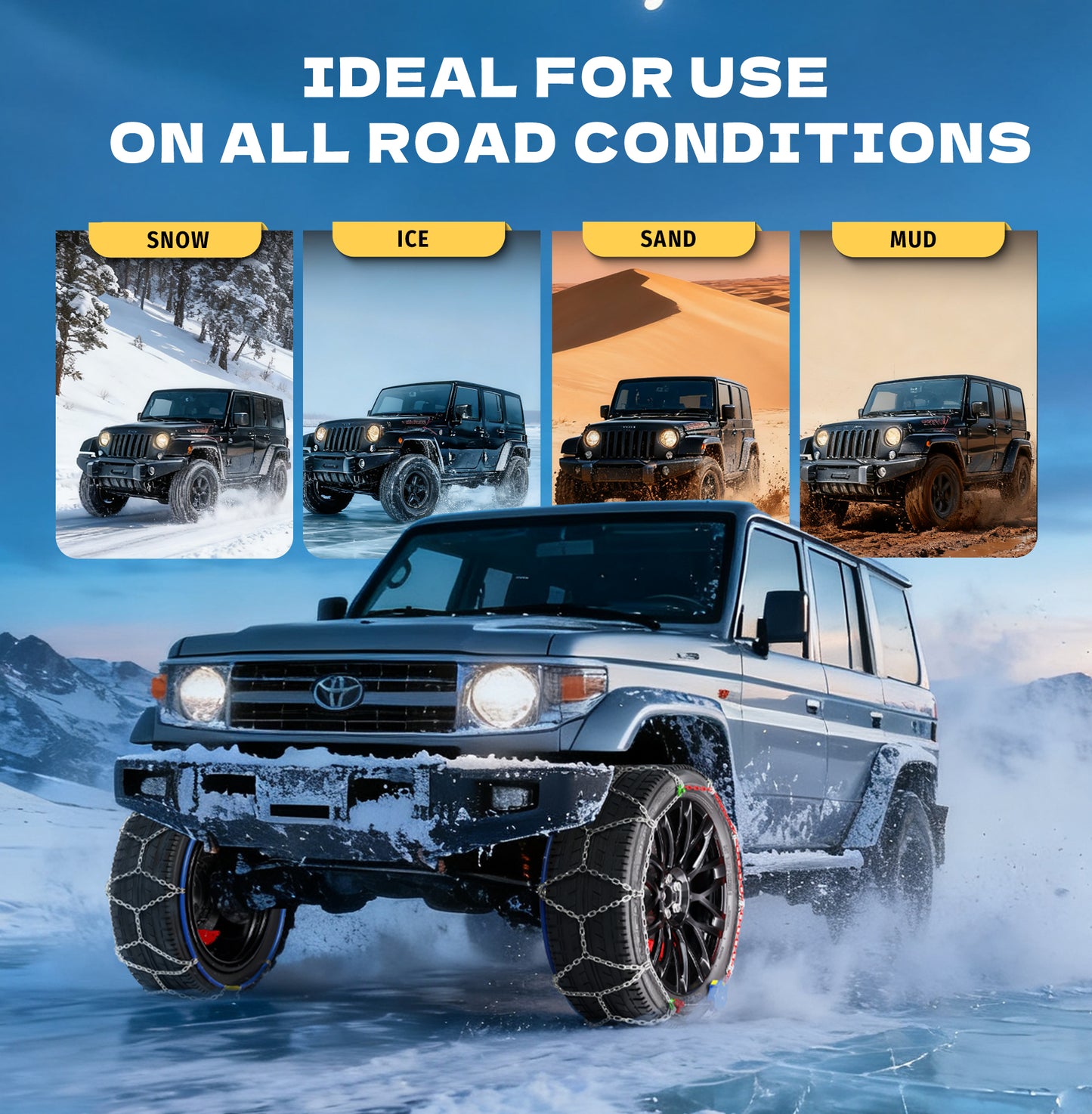 K-Musculo Snow Chains for Car Tires, Portable Reusable Universal Emergency Tire Traction Chain for Passenger Car, Auto Fixing 1 Min Quick Fit Easy Installation, Pickup Trucks and SUV Set of 2