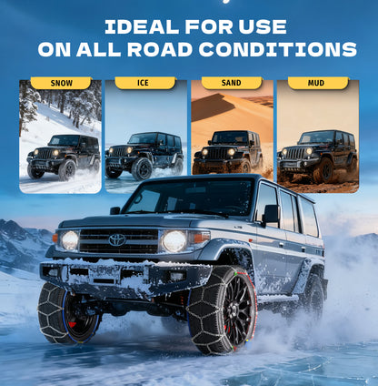 K-Musculo Snow Chains for Car Tires, Portable Reusable Universal Emergency Tire Traction Chain for Passenger Car, Auto Fixing 1 Min Quick Fit Easy Installation, Pickup Trucks and SUV Set of 2