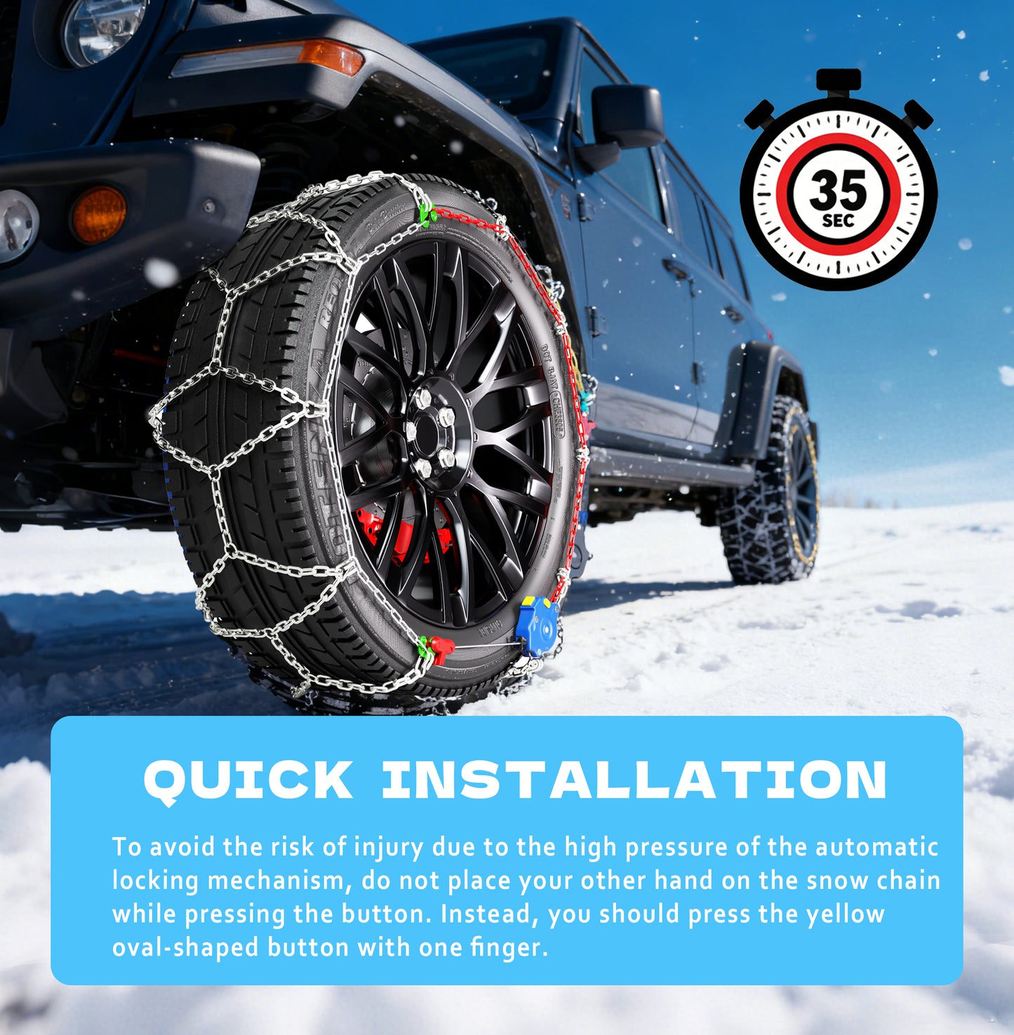 K-Musculo Snow Chains for Car Tires, Portable Reusable Universal Emergency Tire Traction Chain for Passenger Car, Auto Fixing 1 Min Quick Fit Easy Installation, Pickup Trucks and SUV Set of 2