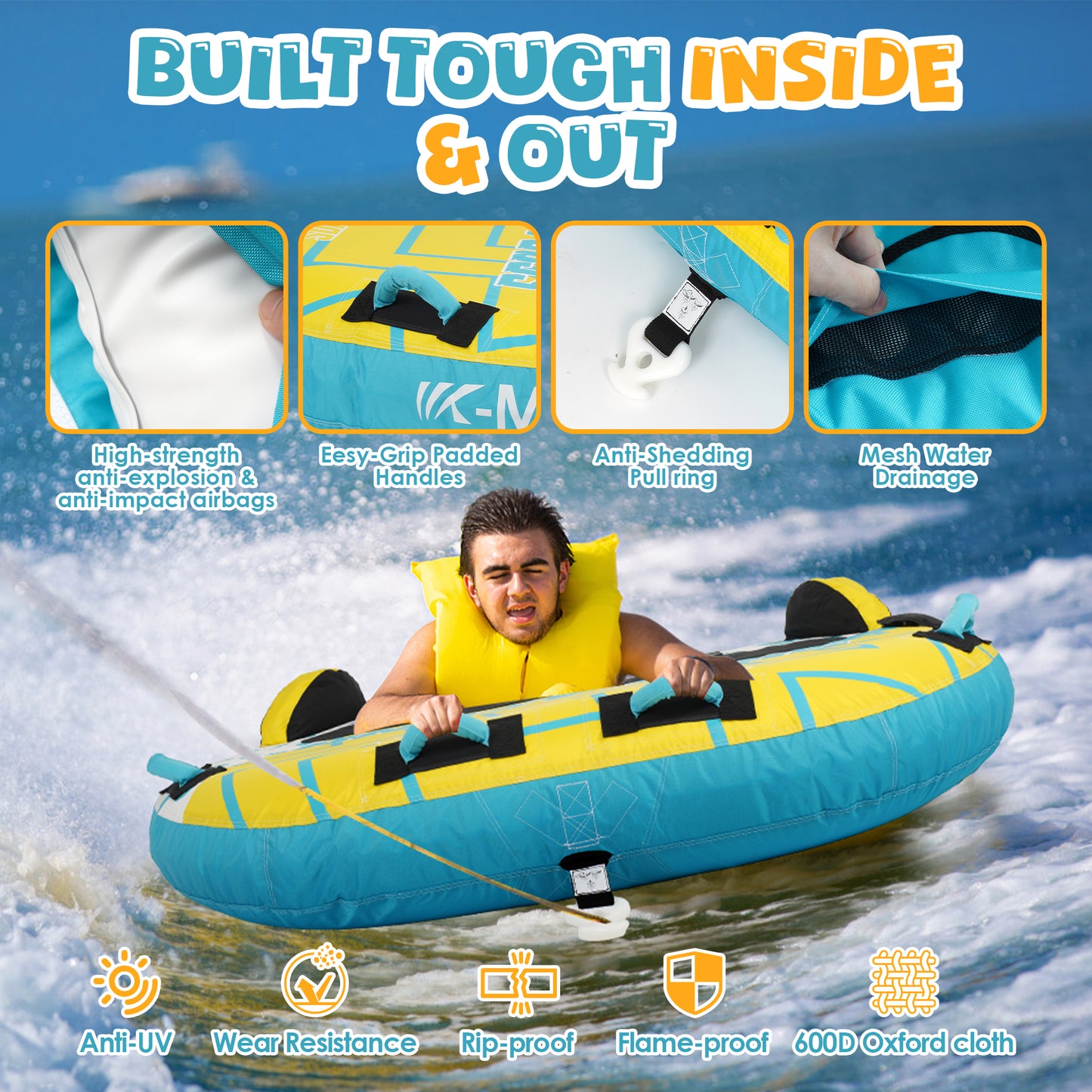 K-Musculo Towable Tubes for Boating, 840D Heavy Duty Tubes for Boating, EVA Grab Handles & Speed Safety Valve
