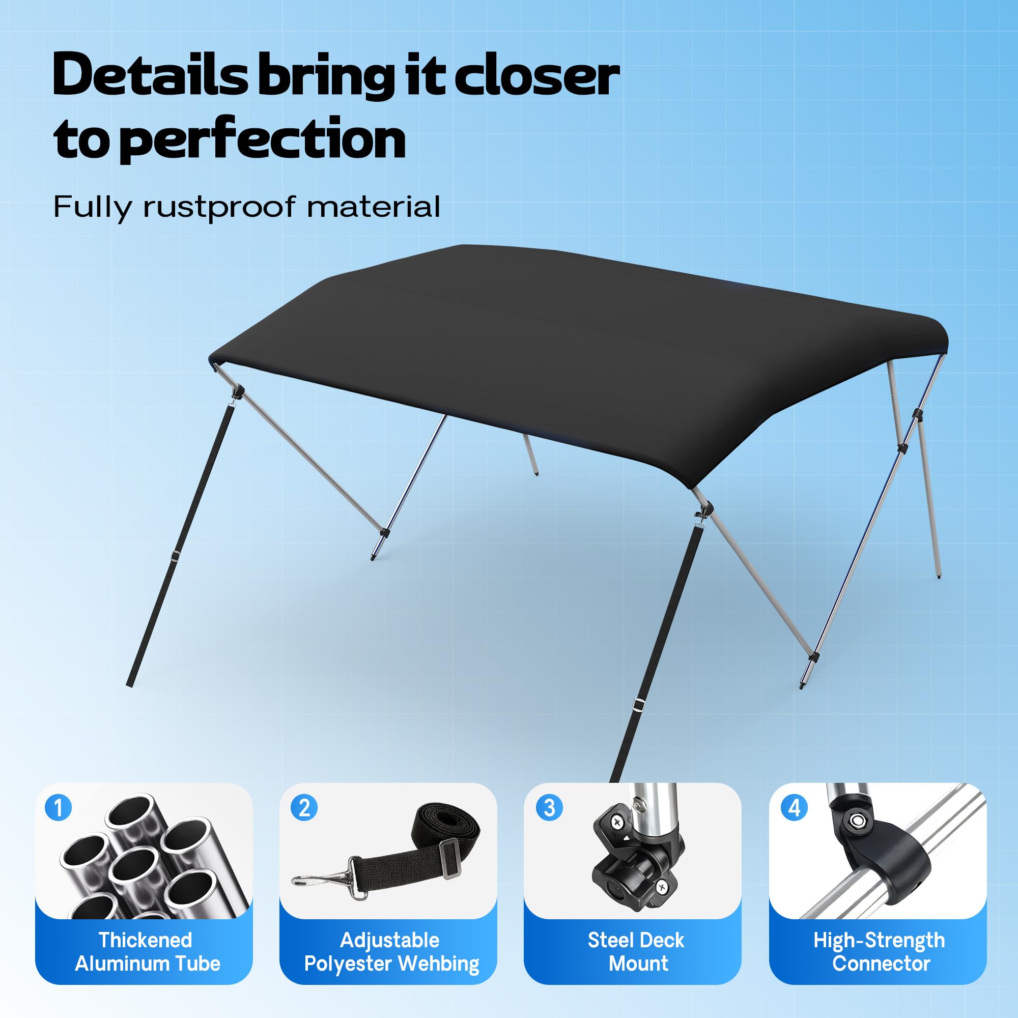 Bimini Tops for Boats, 3 Bow/4 Bow Bimini Tops, 900D Marine Grade Canvas Boat Canopy