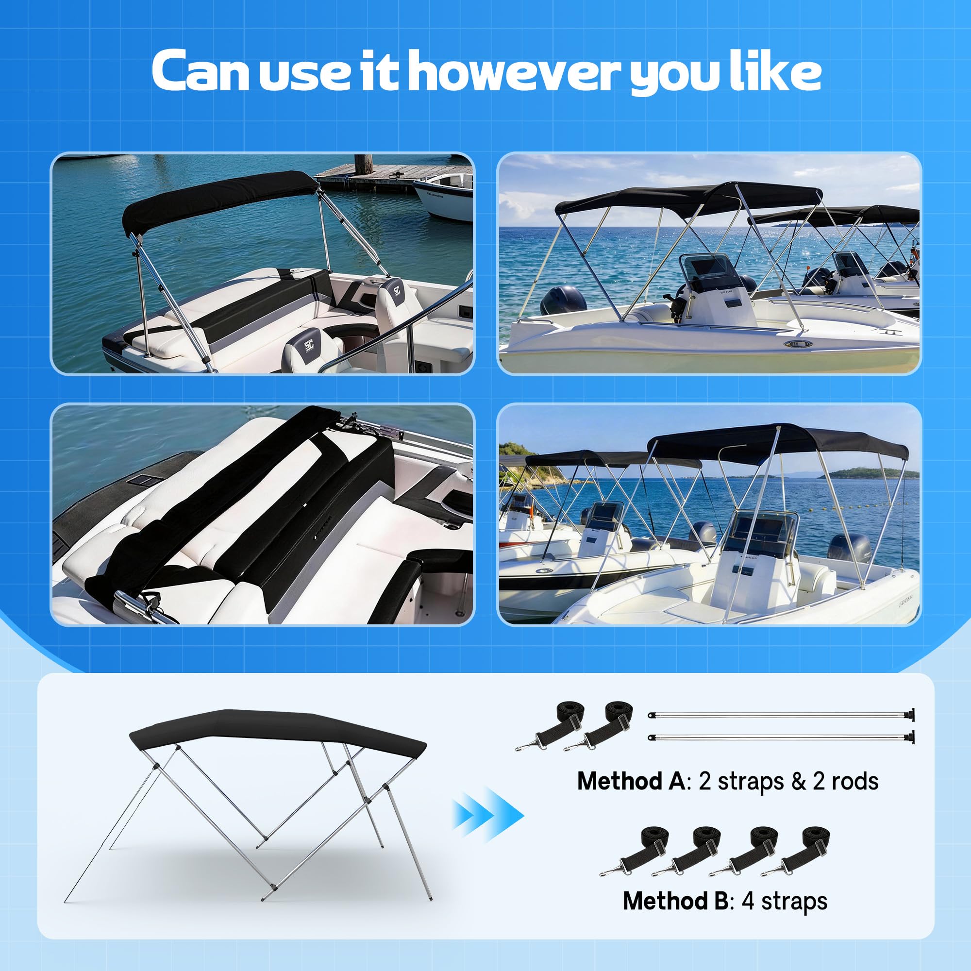 Bimini Tops for Boats, 3 Bow/4 Bow Bimini Tops, 900D Marine Grade Canvas Boat Canopy