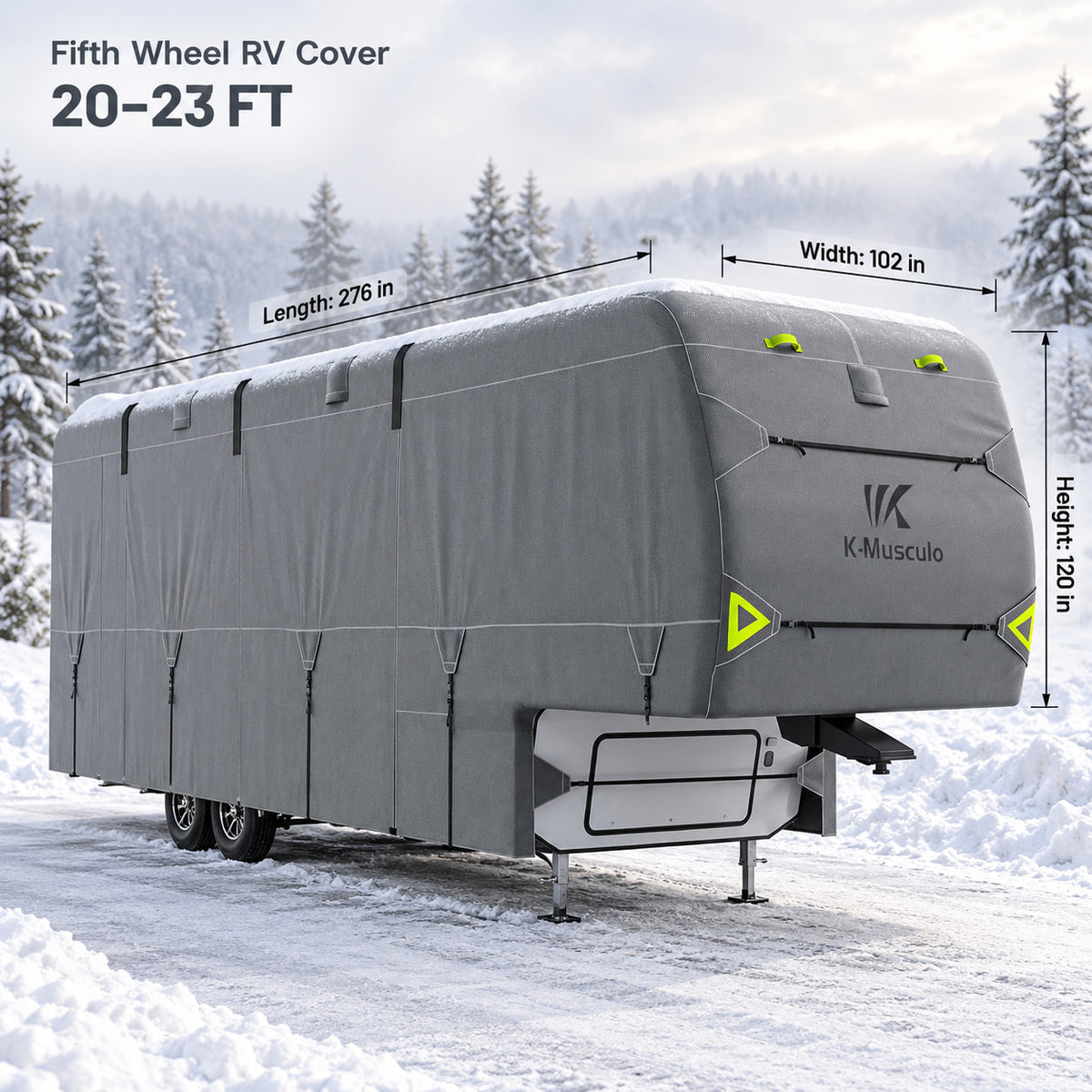 K-Musculo 5th Wheel RV Cover, 7-Layer Top Heavy Duty Waterproof Camper Cover with 4 Tire Covers & Gutter Covers