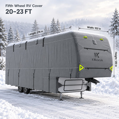 K-Musculo 5th Wheel RV Cover, 7-Layer Top Heavy Duty Waterproof Camper Cover with 4 Tire Covers & Gutter Covers