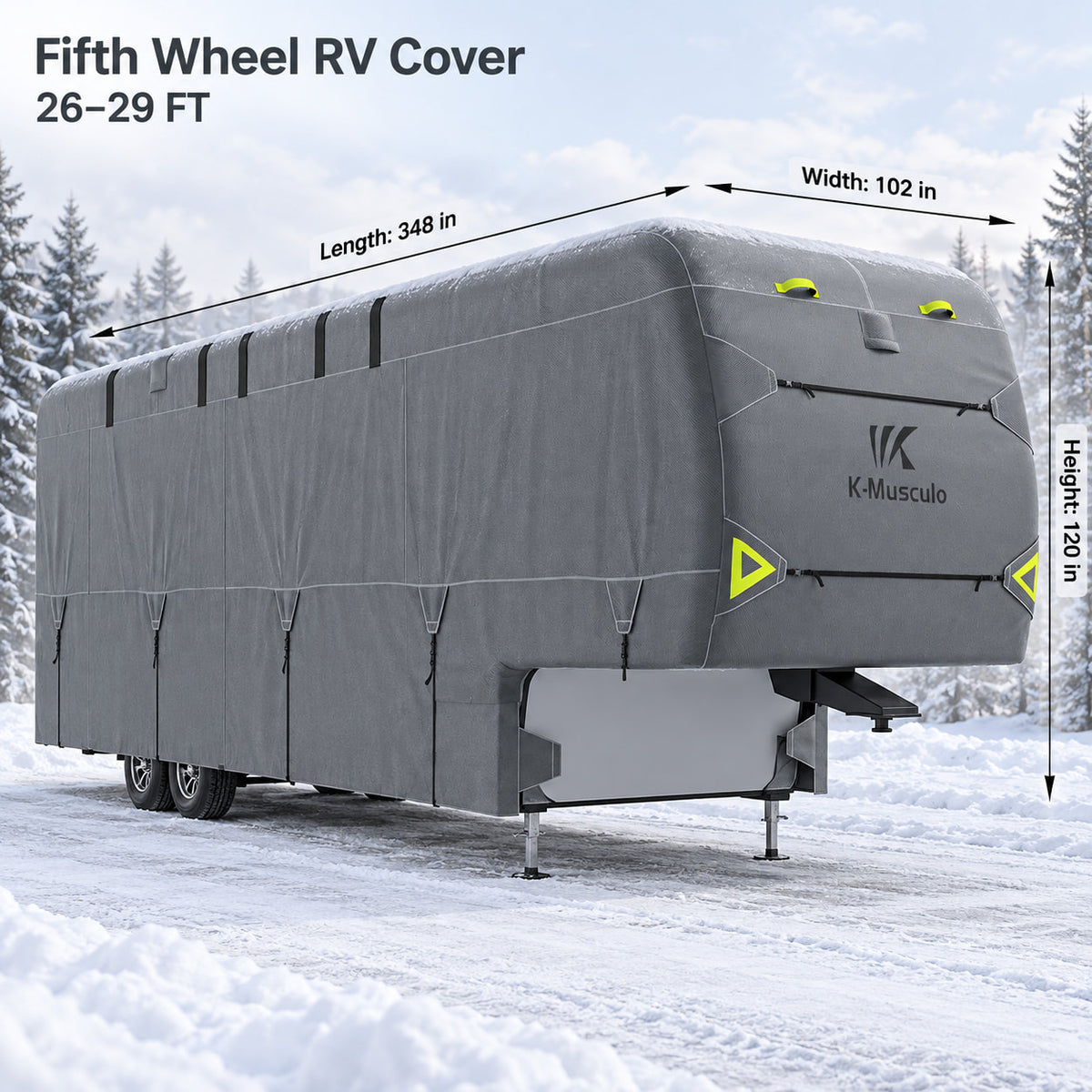 K-Musculo 5th Wheel RV Cover, 7-Layer Top Heavy Duty Waterproof Camper Cover with 4 Tire Covers & Gutter Covers