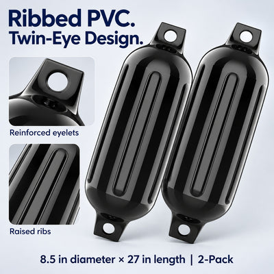 K-Musculo Boat Fenders 2 Pack, 6.5 x 23 in Inflatable Ribbed PVC Boat Bumpers with Twin Eyes