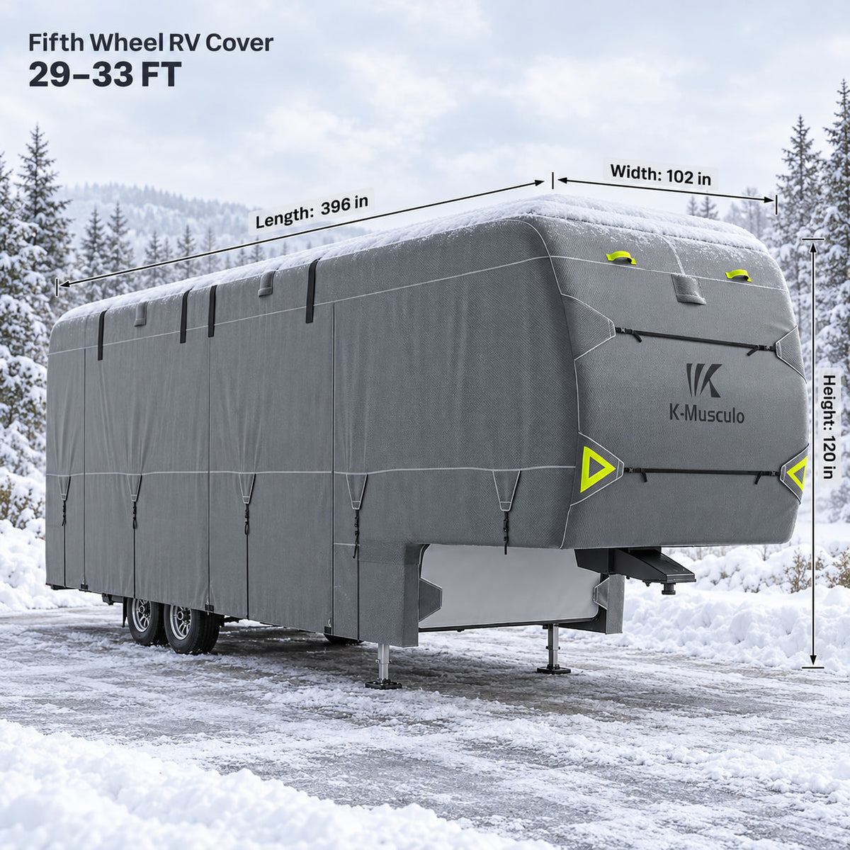 K-Musculo 5th Wheel RV Cover, 7-Layer Top Heavy Duty Waterproof Camper Cover with 4 Tire Covers & Gutter Covers