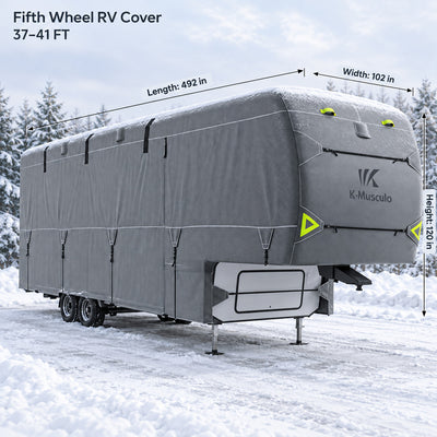 K-Musculo 5th Wheel RV Cover, 7-Layer Top Heavy Duty Waterproof Camper Cover with 4 Tire Covers & Gutter Covers