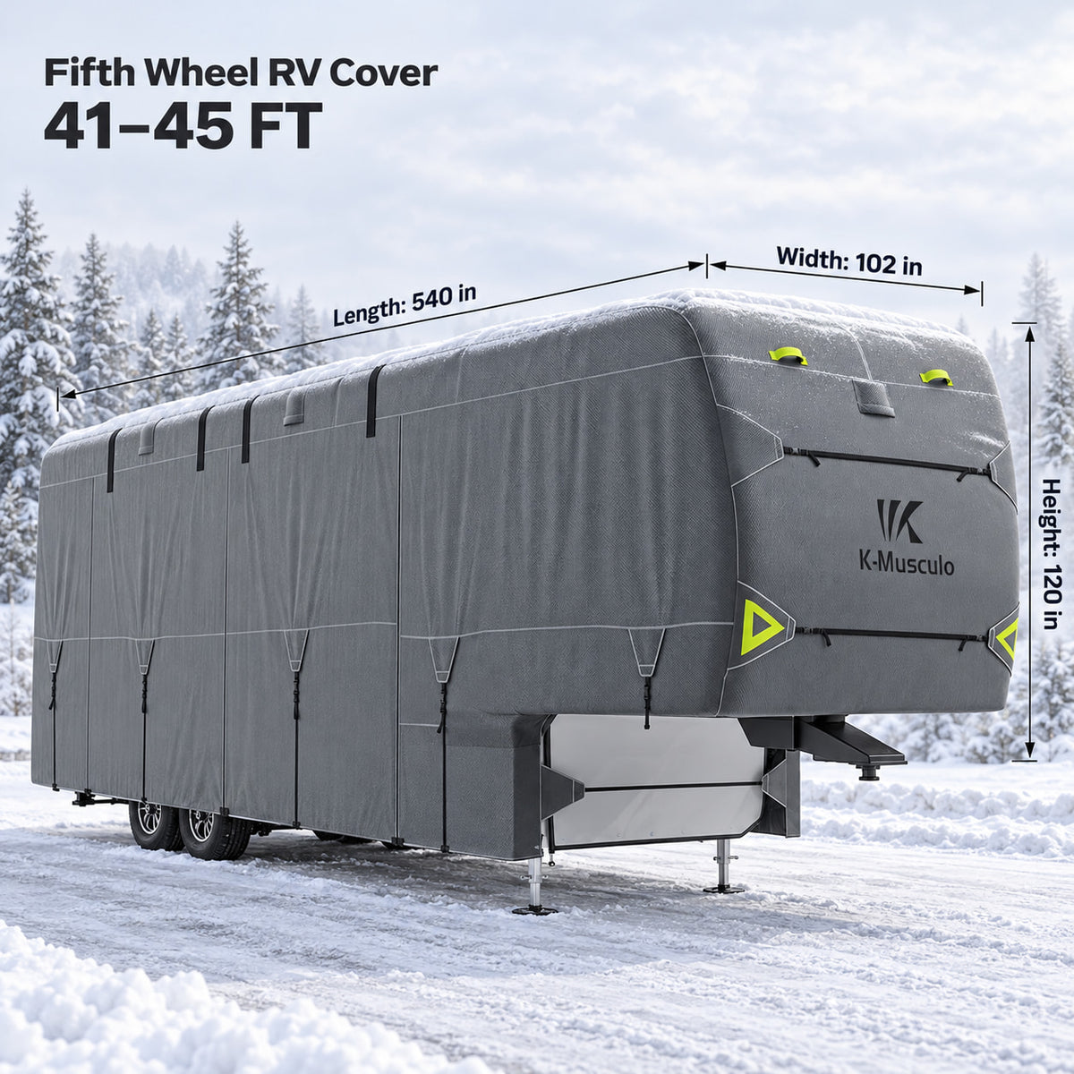 K-Musculo 5th Wheel RV Cover, 7-Layer Top Heavy Duty Waterproof Camper Cover with 4 Tire Covers & Gutter Covers