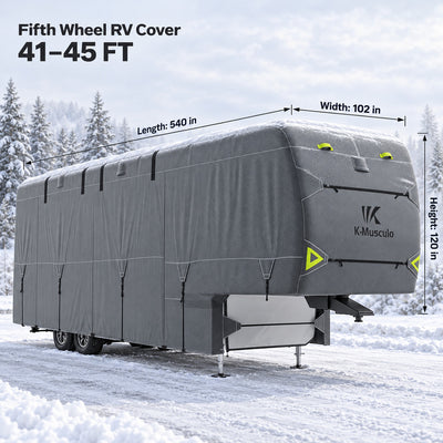 K-Musculo 5th Wheel RV Cover, 7-Layer Top Heavy Duty Waterproof Camper Cover with 4 Tire Covers & Gutter Covers