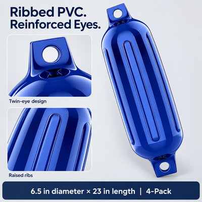 K-Musculo Boat Fenders 4 Pack, Inflatable Ribbed PVC Boat Bumpers with Ropes and Hand Pump